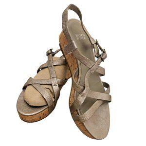 Eileen Fisher Women's Silver Metallic Sandals SZ 7 Cork Wedge Leather Strappy